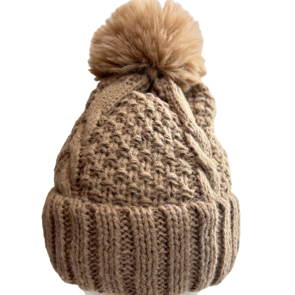 2. Tan Fleece Lined Pom Pom Beanie
